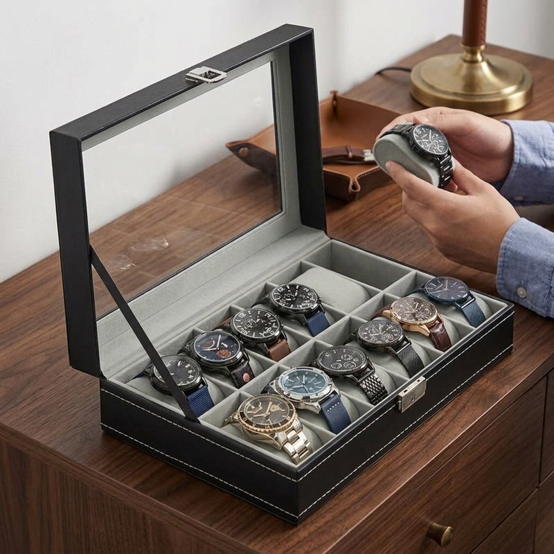 Watch Display Case Glass Top 12 Slots - Caixa de Relógios em Couro PU