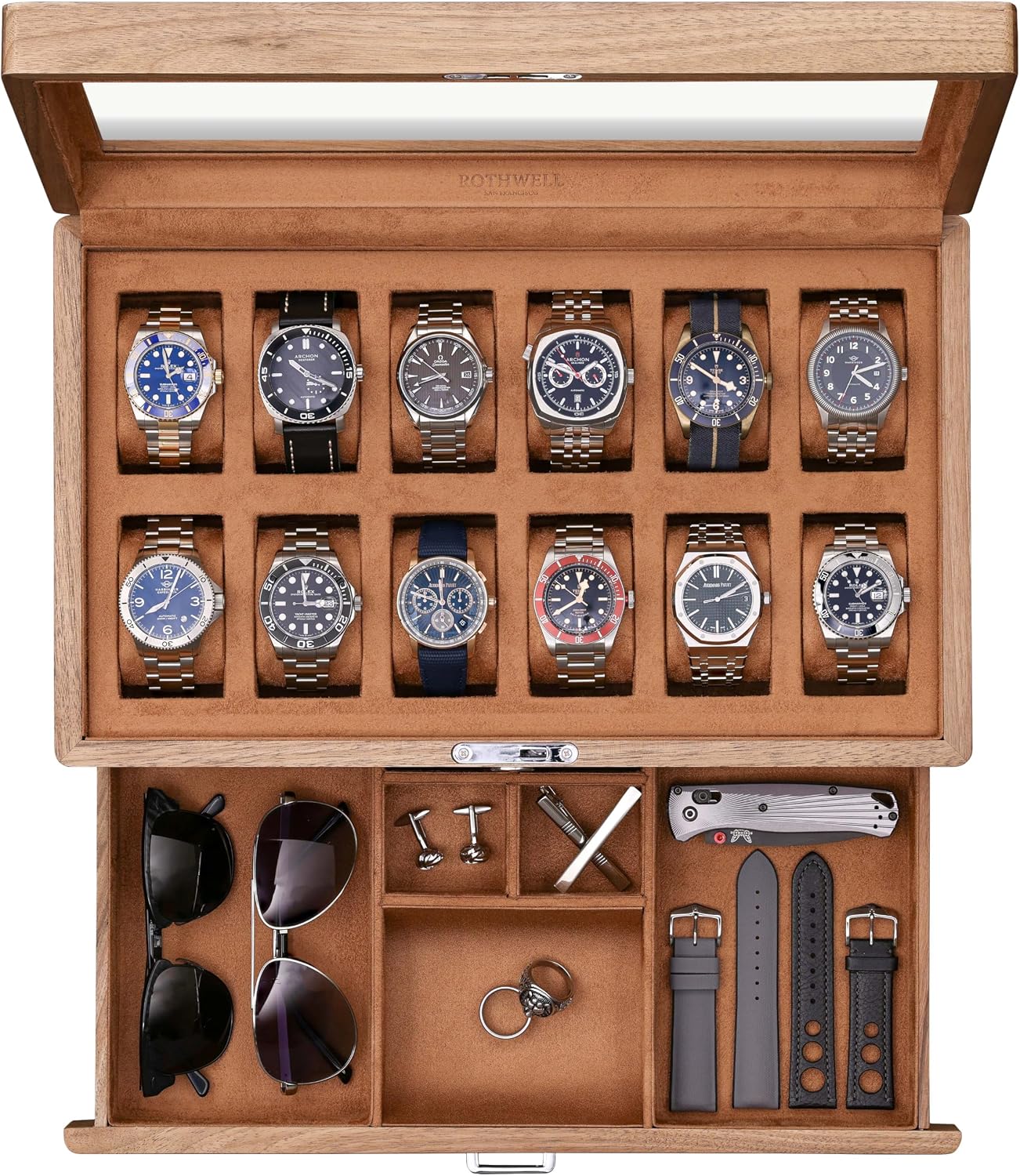Watch Display Case Glass Top 12 Slots - Caixa de Relógios de Nogueira Sólida