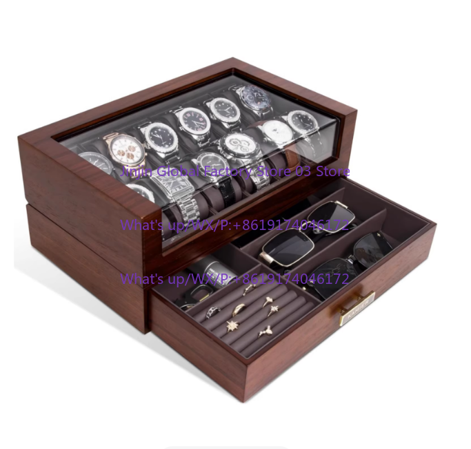 Watch Display Case Glass Top 12 Slots - Caixa de Relógios de Madeira com