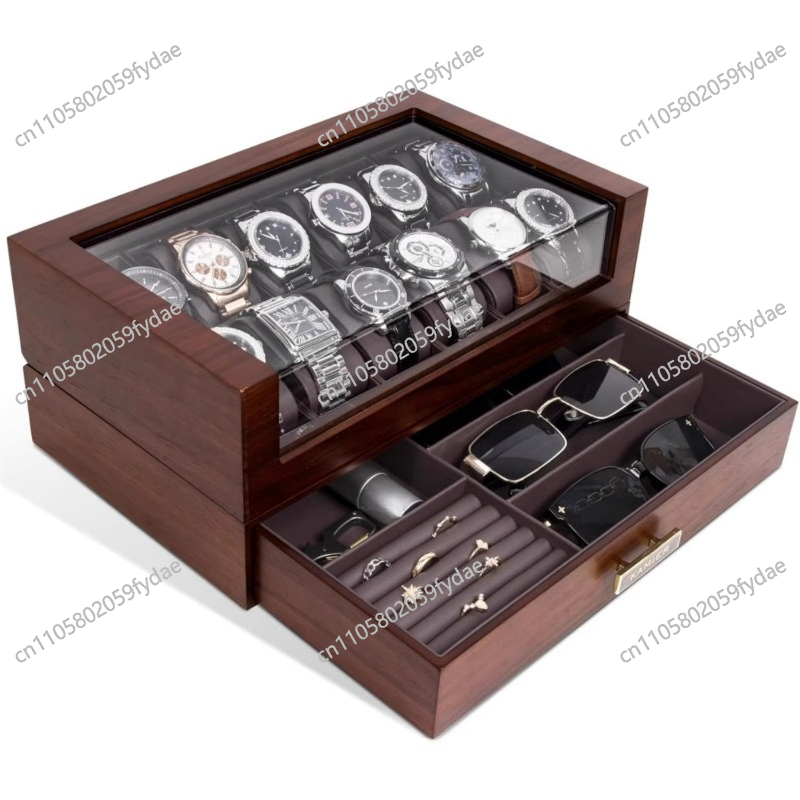 Watch Display Case Glass Top 12 Slots - Caixa de Relógios de Madeira com