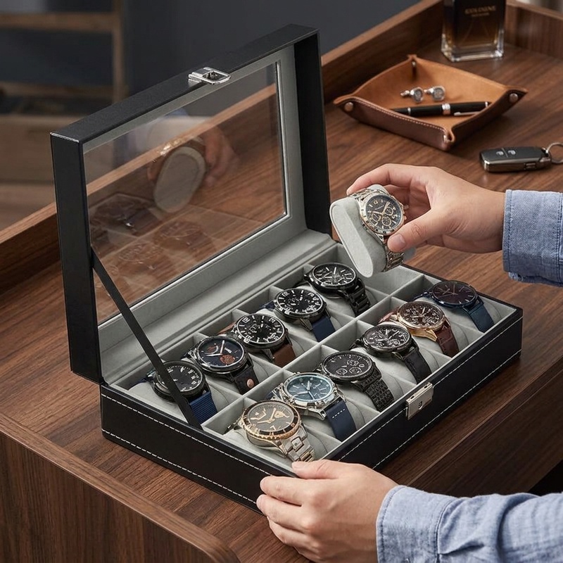 Watch Display Case Glass Top 12 Slots - Organizador de Relógios em Couro PU