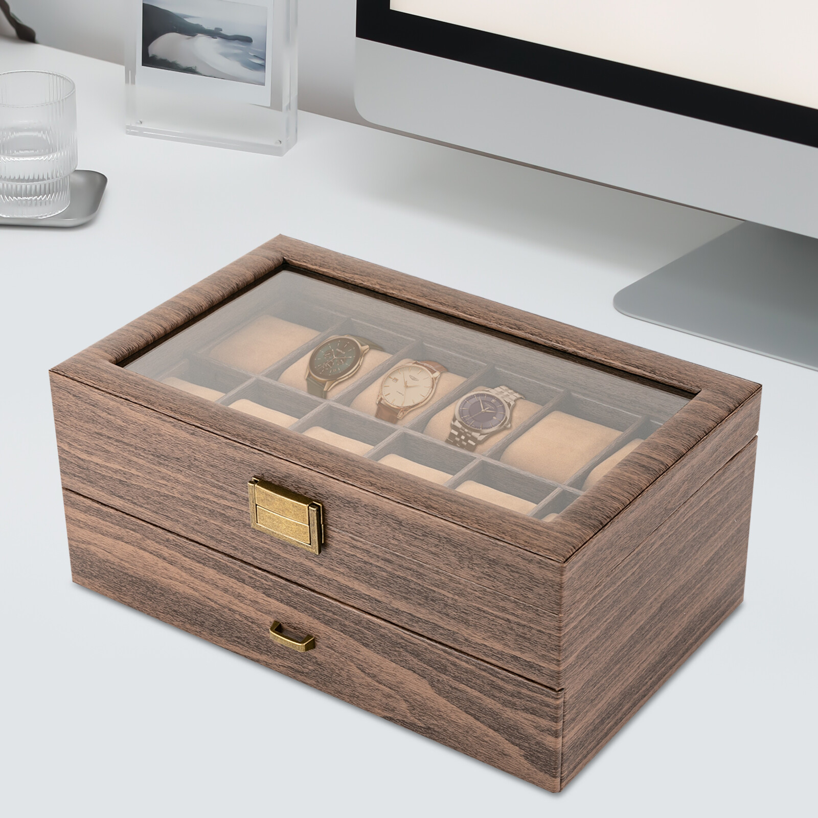 Watch Display Case Glass Top 12 Slots - Caixa de Relógios com 24 Compartimentos,
