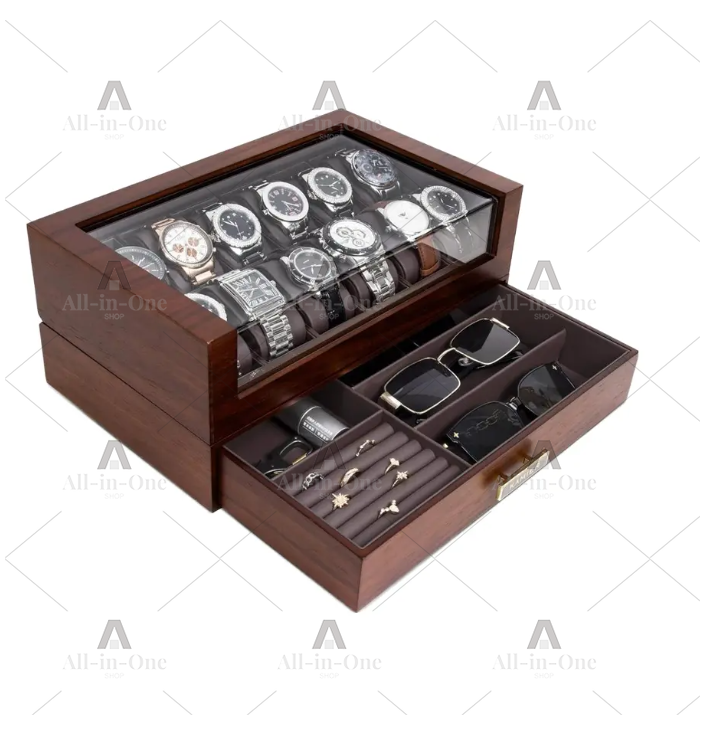Watch Display Case Glass Top 12 Slots - Caixa de Relógios de Madeira com
