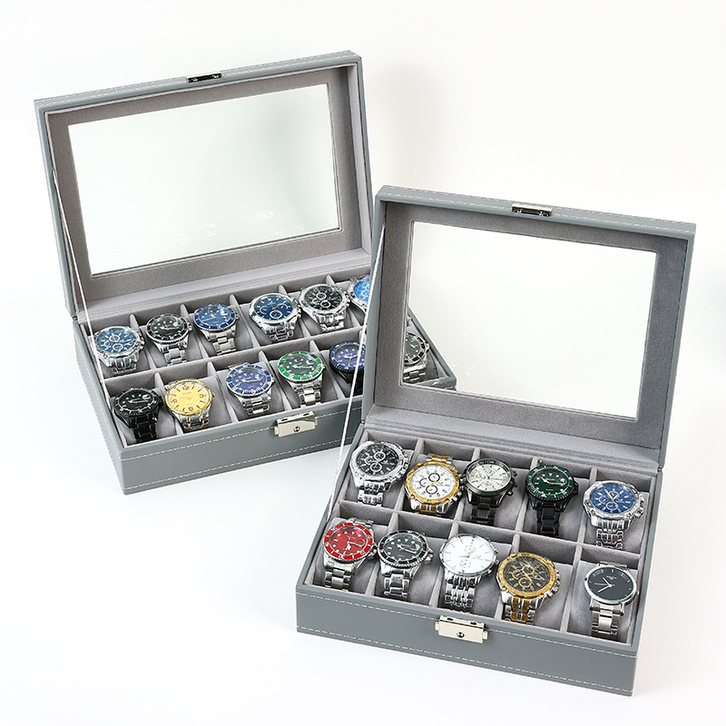 Watch Display Case Glass Top 12 Slots - Caixa de relógio de couro pu,