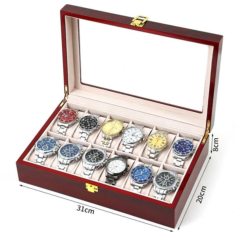 Watch Display Case Glass Top 12 Slots - Caixa de relógio de madeira com