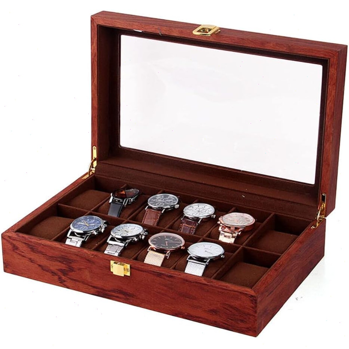 Caixa de Relógios de Madeira c - Watch Display Case Glass Top 12 Slots avaliação e preço