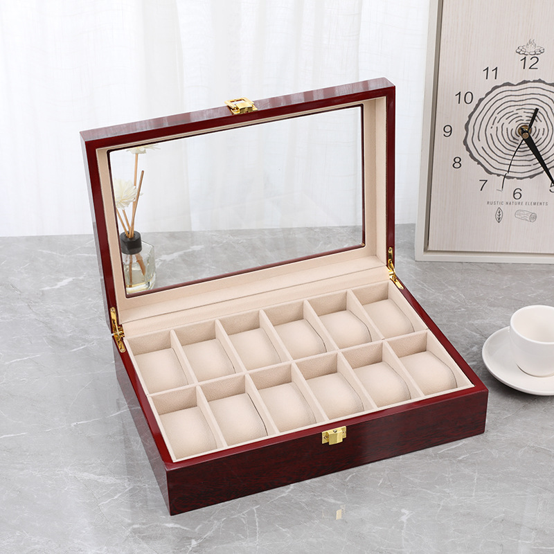 Caixa de relógio de madeira co - Watch Display Case Glass Top 12 Slots avaliação e preço