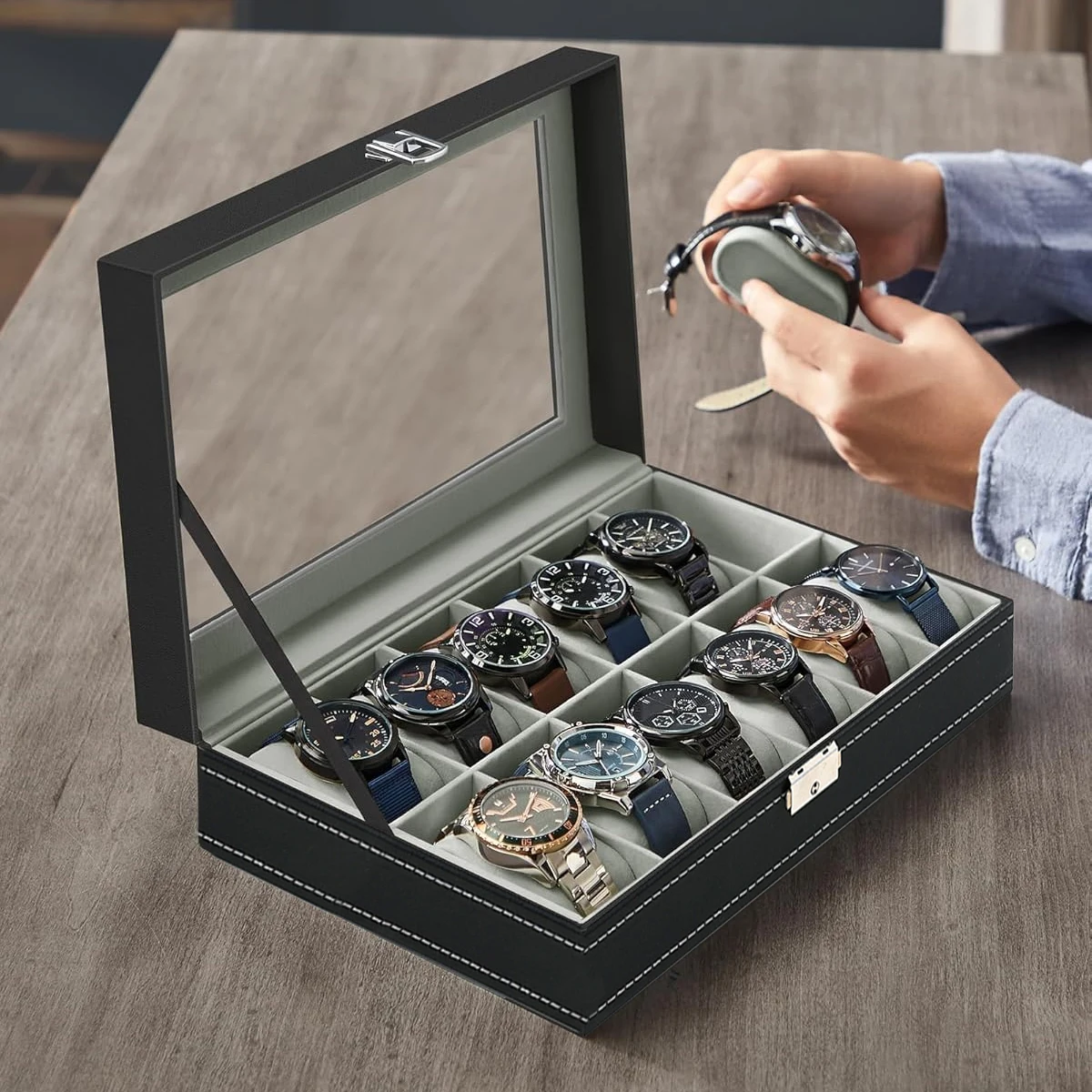Caixa de relógio de couro pu,  - Watch Display Case Glass Top 12 Slots avaliação e preço