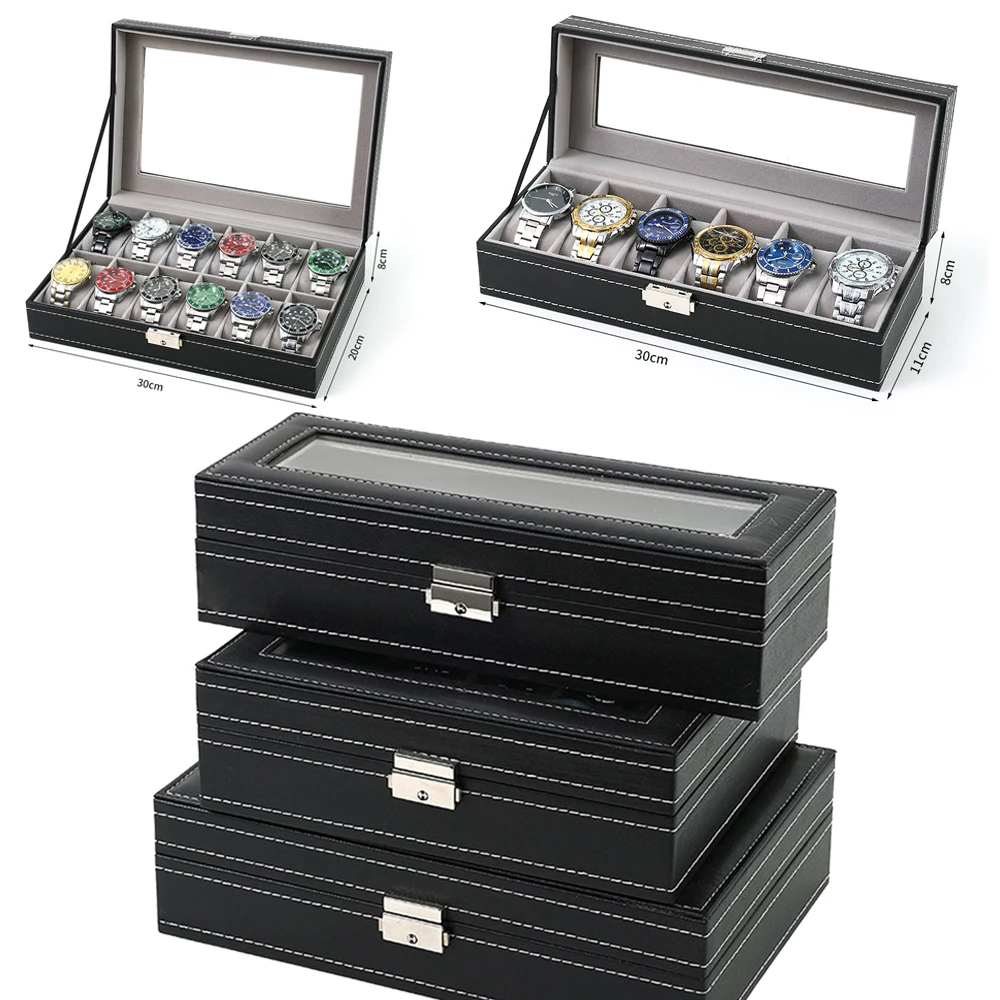 Caixa de Relógio em Couro PU c - Watch Display Case Glass Top 12 Slots avaliação e preço