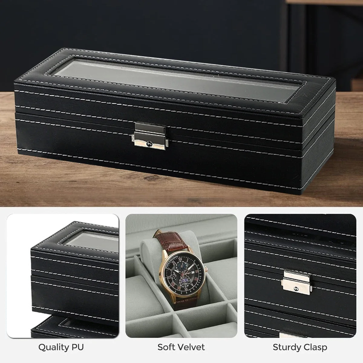 Caixa de Relógio em Couro PU c - Watch Display Case Glass Top 12 Slots avaliação e preço