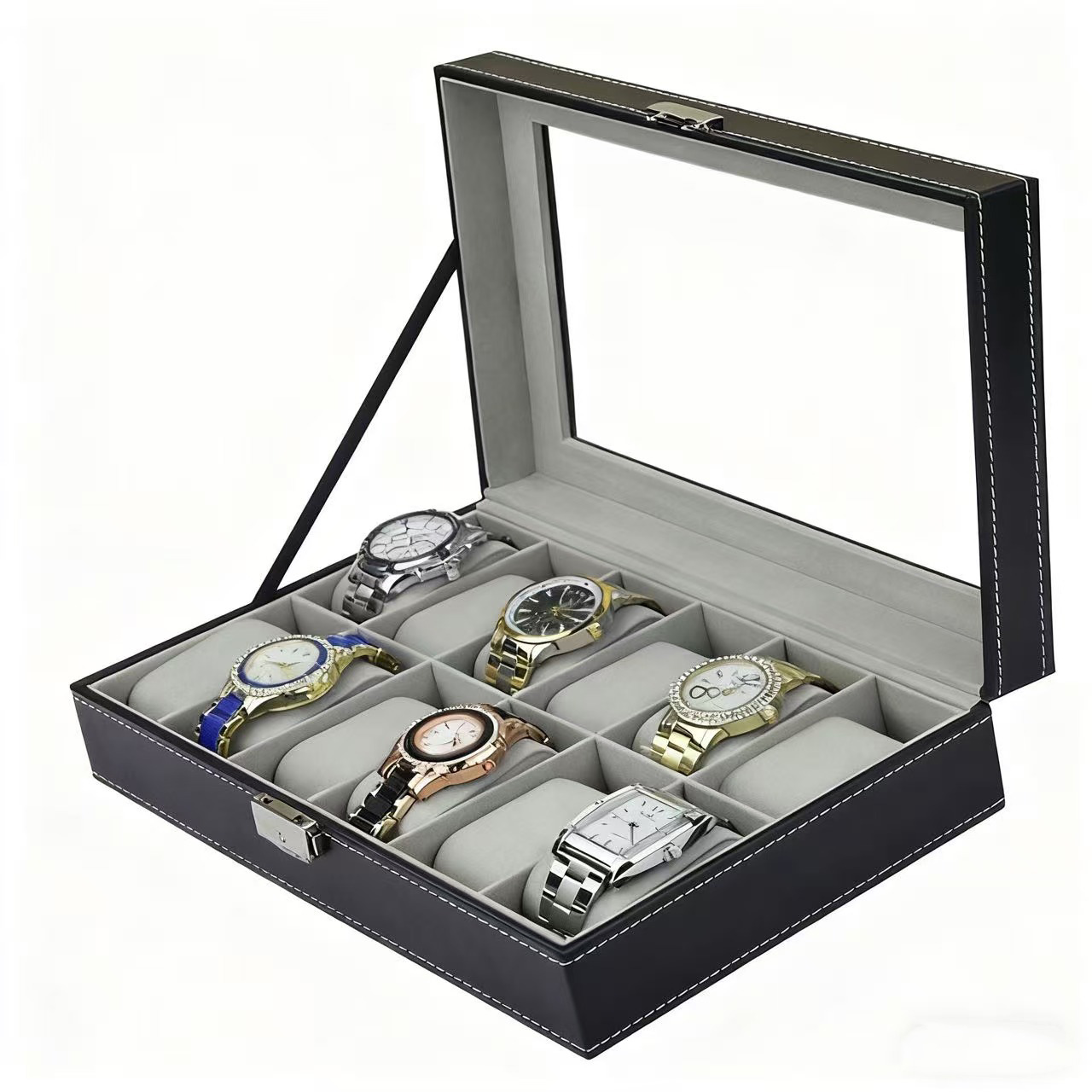 Caixa de relógio de couro pu,  - Watch Display Case Glass Top 12 Slots avaliação e preço