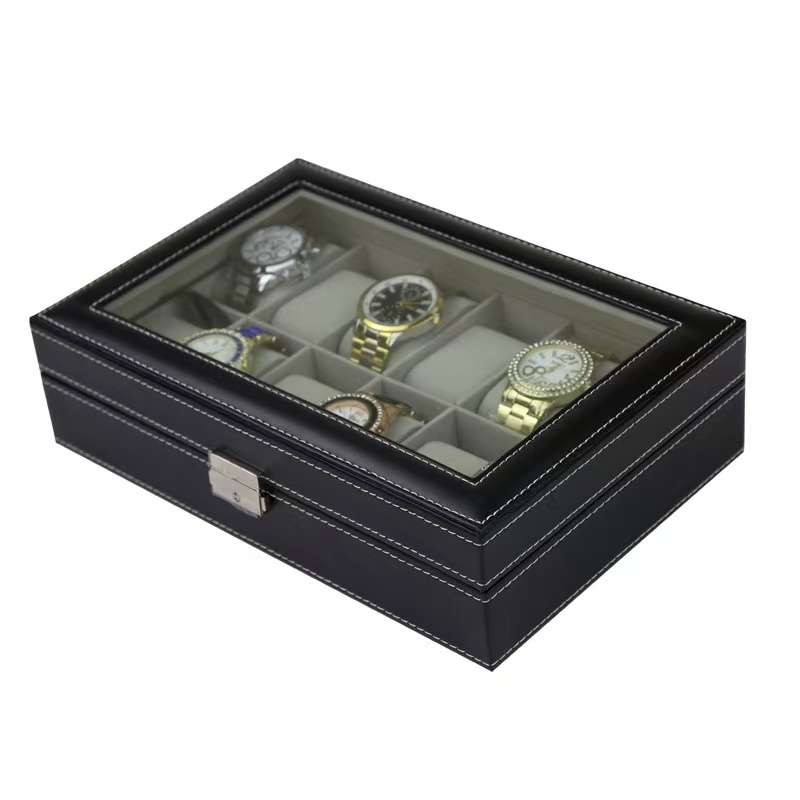 Caixa de relógio de couro pu,  - Watch Display Case Glass Top 12 Slots avaliação e preço