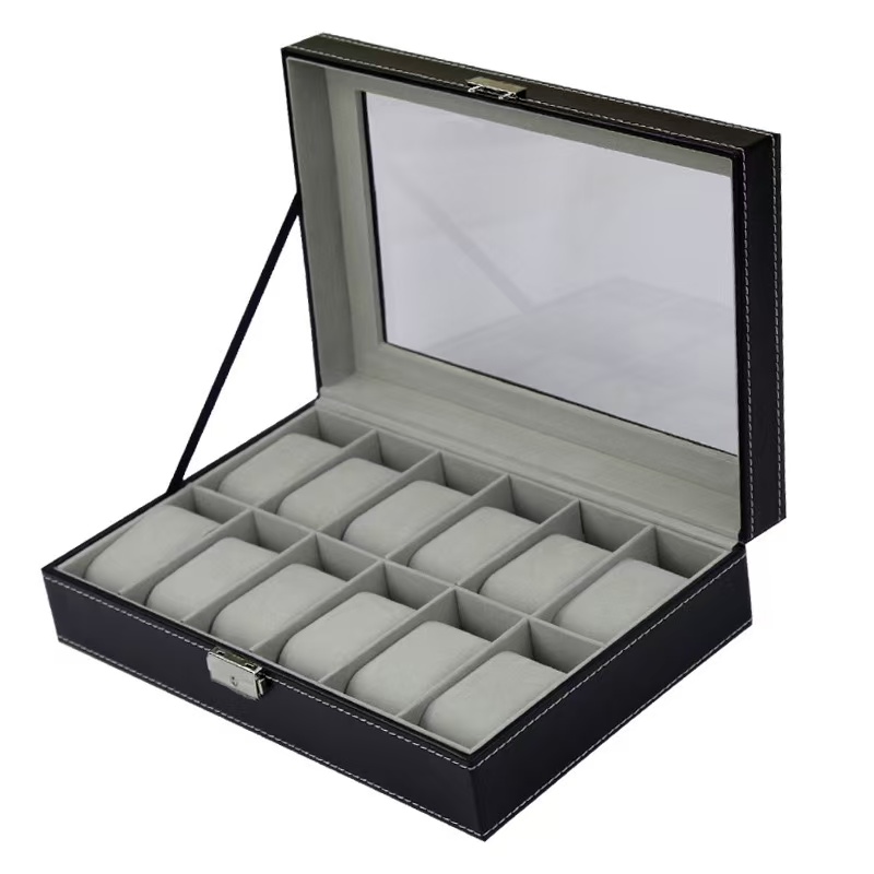Caixa de relógio de couro pu,  - Watch Display Case Glass Top 12 Slots avaliação e preço