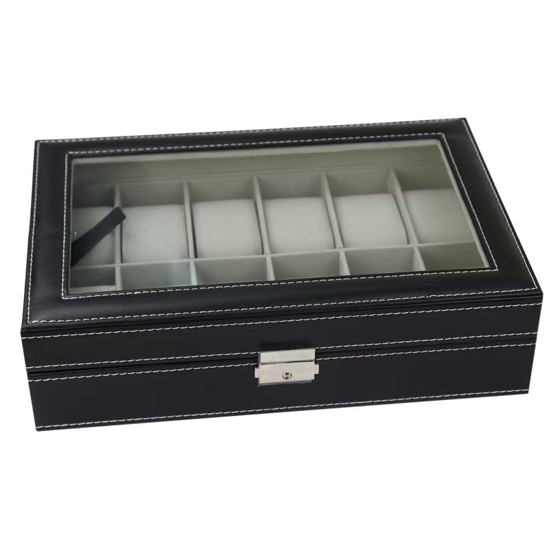 Caixa de relógio de couro pu,  - Watch Display Case Glass Top 12 Slots avaliação e preço