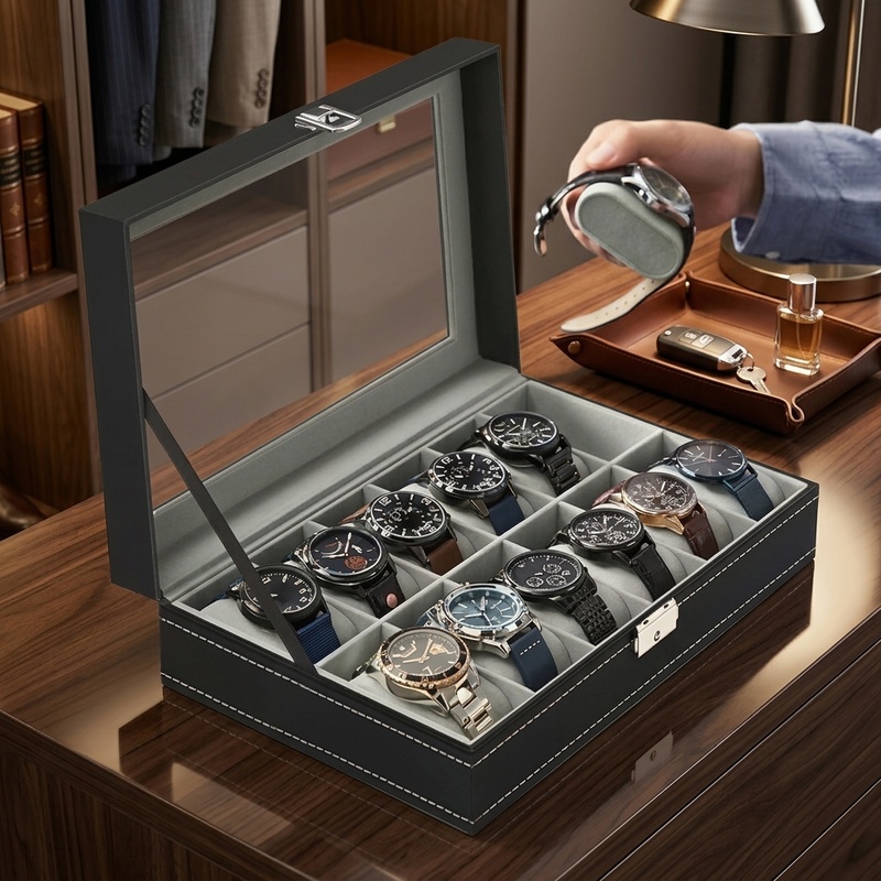 Caixa para Relógios em Couro P - Watch Display Case Glass Top 12 Slots avaliação e preço