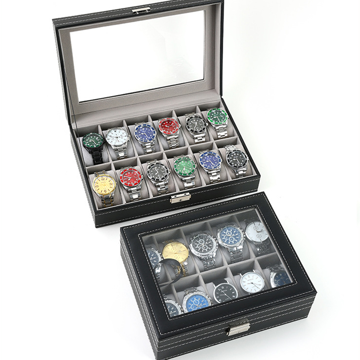 Caixa de relógio de couro pu,  - Watch Display Case Glass Top 12 Slots avaliação e preço