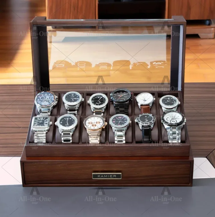 Caixa de Relógios de Madeira c - Watch Display Case Glass Top 12 Slots avaliação e preço