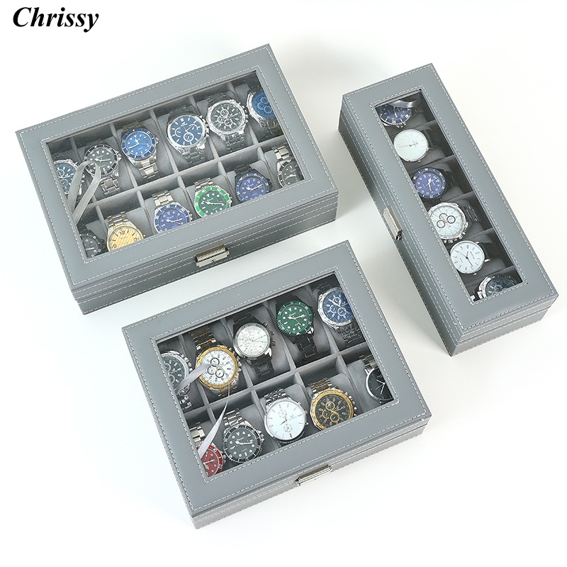 Caixa de relógio de couro pu,  - Watch Display Case Glass Top 12 Slots avaliação e preço