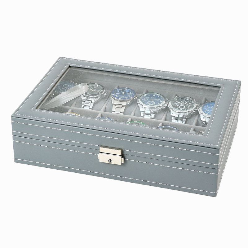 Caixa de relógio de couro pu,  - Watch Display Case Glass Top 12 Slots avaliação e preço