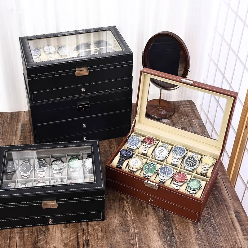Caixa de Relógios em Couro PU  - Watch Display Case Glass Top 12 Slots avaliação e preço
